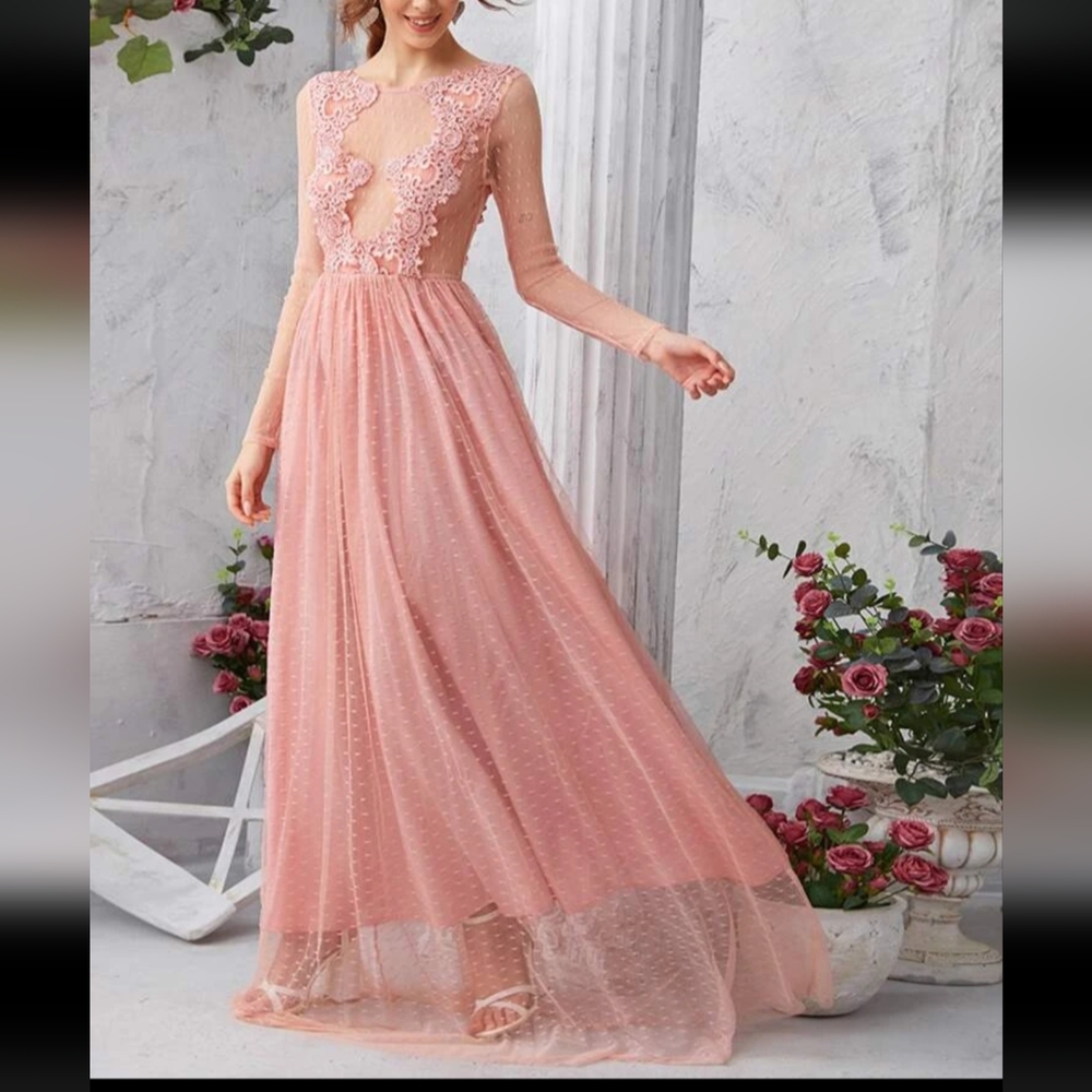 SHEIN soft pink Guipure Lace Bodice Swiss Dot Mesh Maxi Goddess Lady Dress US 🩷
